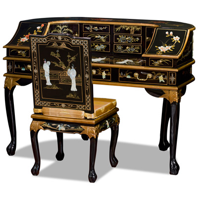 Black Lacquer Mother of Pearl Motif Harpsichord Style Oriental Desk Set