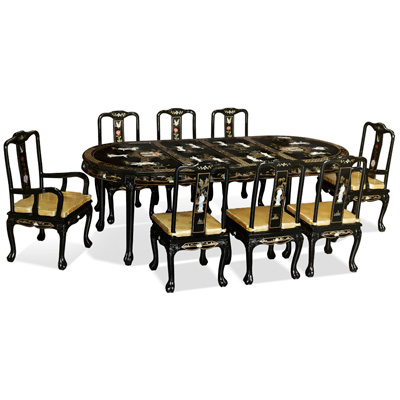 Black Lacquer Mother of Pearl Oval Oriental Dining Set with 8 Chairs