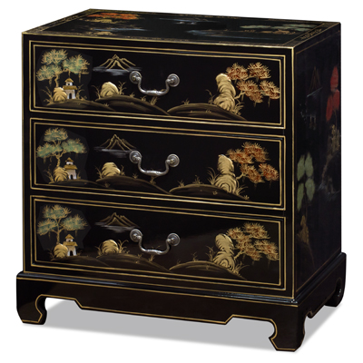 Black Lacquer Chinoiserie Scenery Motif Oriental Chest