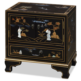 Black Lacquer Chinoiserie with Mother of Pearl Oriental Accent Cabinet