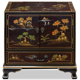 Maroon Chinoiserie Scenery Motif Oriental Accent Cabinet