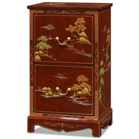 Red Lacquer Chinoiserie Scenery Motif 2 Drawer Oriental File Cabinet