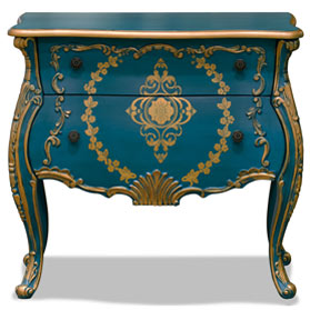 Hand Painted Aquamarine Blue and Gold French Style Oriental Bombe Chest