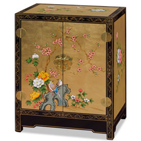 Gold Leaf Chinoiserie Bird and Flower Oriental Cabinet