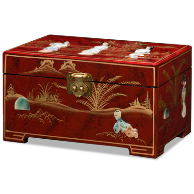 Red Lacquer Mother of Pearl Chinese Jewelry Box