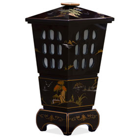 Black Lacquer Chinoiserie Scenery Oriental Pagoda Lantern