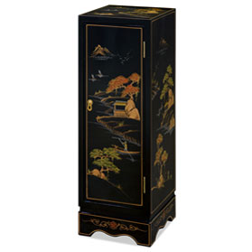 Black Lacquer Chinoiserie Chinese Pedestal Cabinet