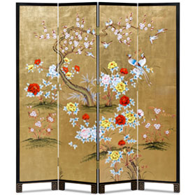 Gold Leaf Bird and Flower Asian Floor Screen