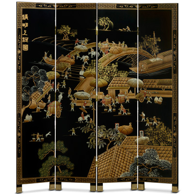 Chinoiserie Scenery Oriental Floor Screen with Spring Festival Scene