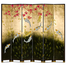 84 Inch Tall Gold Leaf Koi Fish Asian Floor Screen