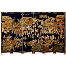 Chinoiserie Scenery 6 Panel Oriental Floor Screen with Spring Festival Scene