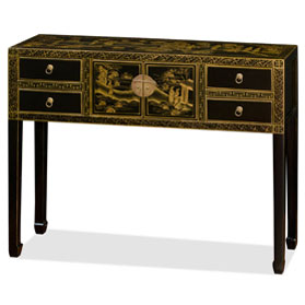 Hand Painted Chinoiserie Gold Scenery Chinese Black Elmwood Console Table