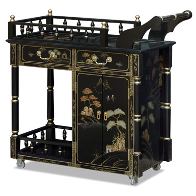 Black Lacquer Chinoiserie Scenery Chinese Tea Cart