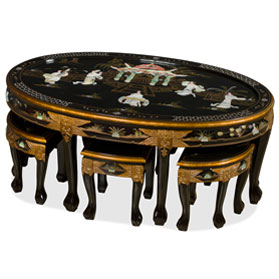 Black Lacquer Mother of Pearl Oval Coffee Table Set