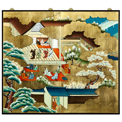 Gold Leaf Spring Courtyard Scene Asian Wall Art