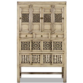 Patina Beige Elmwood Chinese Lattice Kitchen Cabinet