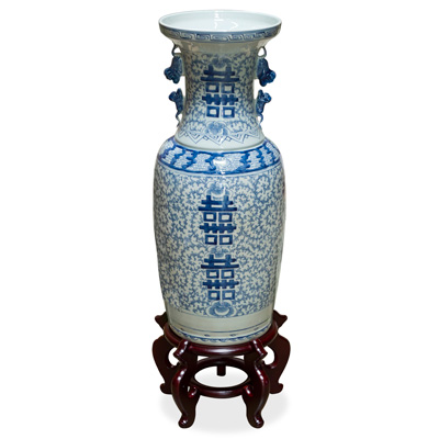 Blue and White Vintage Qing Double Happiness Chinese Vase