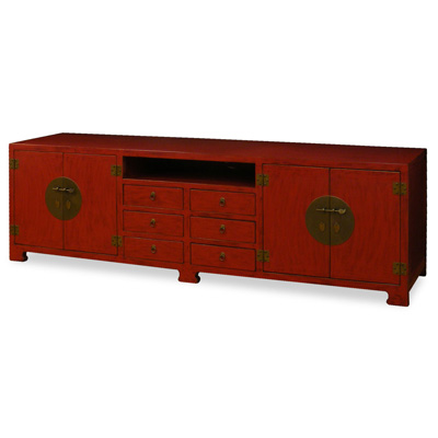 Distressed Red Elmwood Chinese Ming Media Cabinet