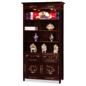 Dark Cherry Rosewood Mother of Pearl Inlay Asian Bookcase