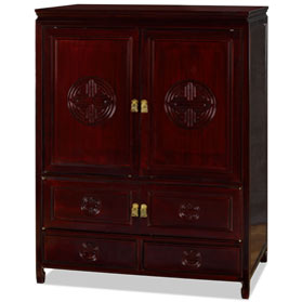 Dark Cherry Rosewood Longevity Motif Asian TV Armoire