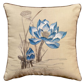 Beige Chinese Linen Lotus Flower Embroidered Pillow