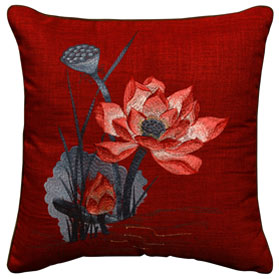 Red Chinese Linen Lotus Flower Embroidered Pillow