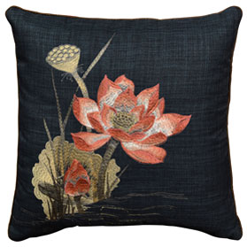 Navy Blue Chinese Linen Lotus Flower Embroidered Pillow