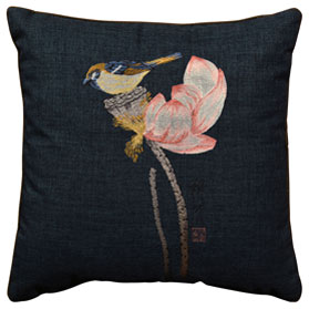 Navy Blue Chinese Linen Bird and Lotus Flower Embroidered Pillow