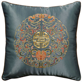 Light Blue Chinese Silk Longevity Pillow