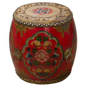 Tibetan Ceremonial Drum with Hand Painted Floral Art