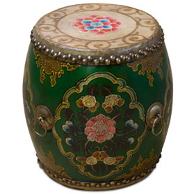 Green Tibetan Ceremonial Drum with Hand Painted Floral Art