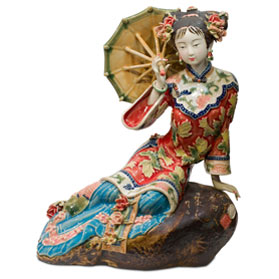 Chinese Porcelain Figurine, Lady in Red with Umbrella