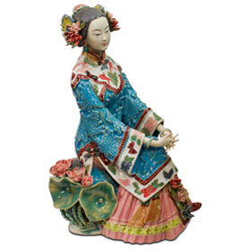 Chinese Porcelain Figurine, Lady with Summer Lotus