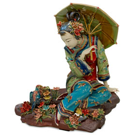 Chinese Porcelain Figurine, Shi Wan Lady with Bird