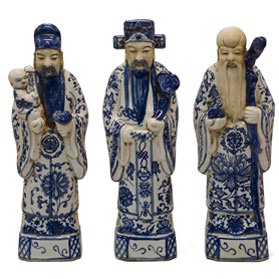 Blue and White Porcelain Three Lucky Gods Chinese Statue Set