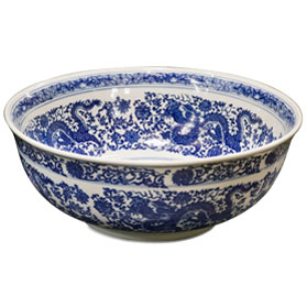 Blue and White Porcelain Dragon Motif Oriental Basin