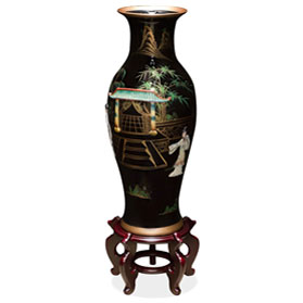 24 Inch Black Lacquer Mother of Pearl Oriental Porcelain Vase