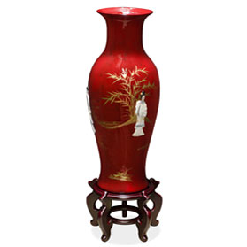 24 Inch Red Lacquer Mother of Pearl Oriental Porcelain Vase