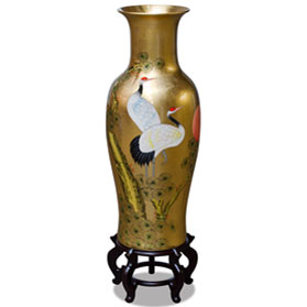 36 Inch Gold Leaf Longevity Cranes Oriental Vase