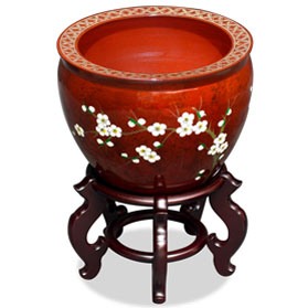 14 Inch Red Cherry Blossom Design Chinese Fishbowl Planter