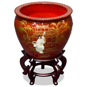 16 Inch Red Mother of Pearl Figurine Chinese Fishbowl Planter