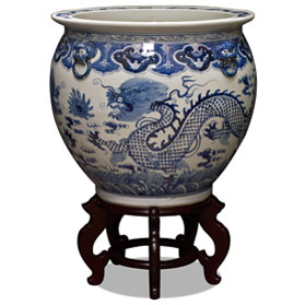 19 Inch Blue and White Porcelain Imperial Dragon Chinese Fishbowl Planter