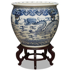 22 Inch Blue and White Porcelain Imperial Dragon Chinese Fishbowl Planter