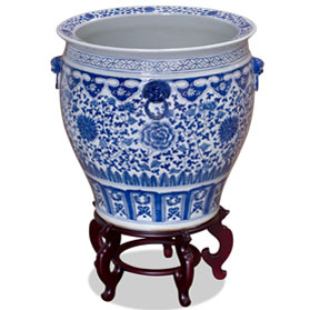 23.5 Inch Grand Blue and White Porcelain Peony Motif Oriental Fishbowl Planter