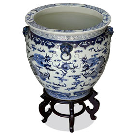 Hand Painted Blue and White Dragon Motif Porcelain Canton Fishbowl