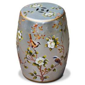 Silver Famille Jaune Peony and Bird Motif Asian Garden Stool