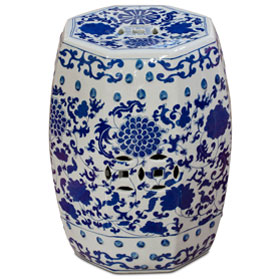 Blue & White Porcelain Octagonal Chinese Palace Garden Stool with Flower and Vine Motif