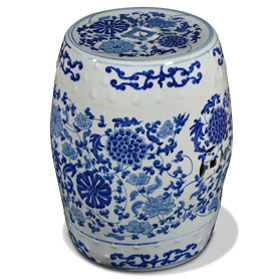 Blue & White Porcelain Chinese Palace Garden Stool with Flower and Vine Motif