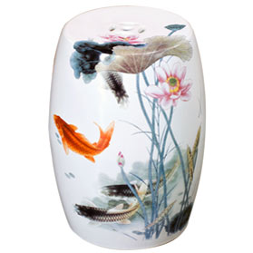 White Porcelain Koi Fish Lotus Pond Motif Asian Garden Stool