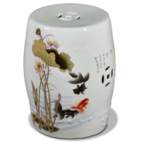 White Porcelain Koi Fish Lotus Pond Motif Asian Garden Stool